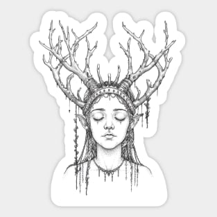 Woman with antler. Line Art. Sticker